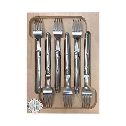 Andre Verdier Laguiole six piece fork set with steel handles in a pale wood tray