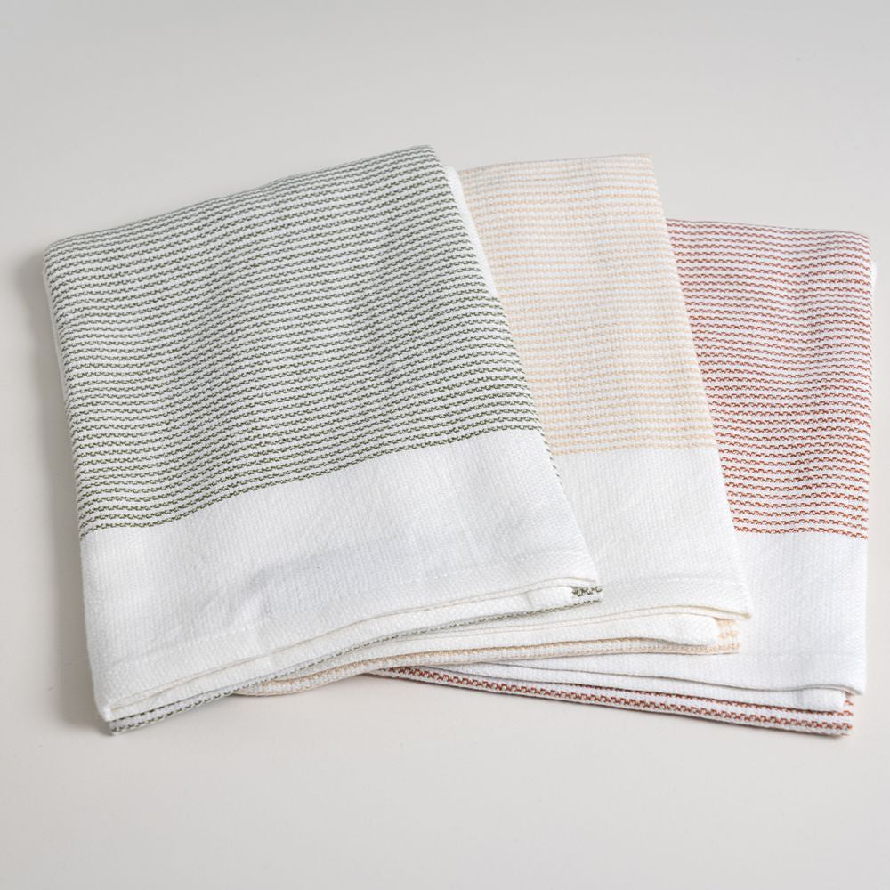 Baksana Thirsty tea towels in olive, beige and rust stripes, a set of three