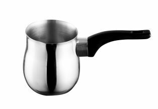 Avanti Turkish coffee pot in polished stainless steel with a black handle