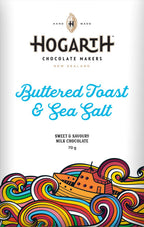 Hogarth Buttered Toast & Sea Salt milk chocolate, a 70g bar in white wrapper with wave artwork