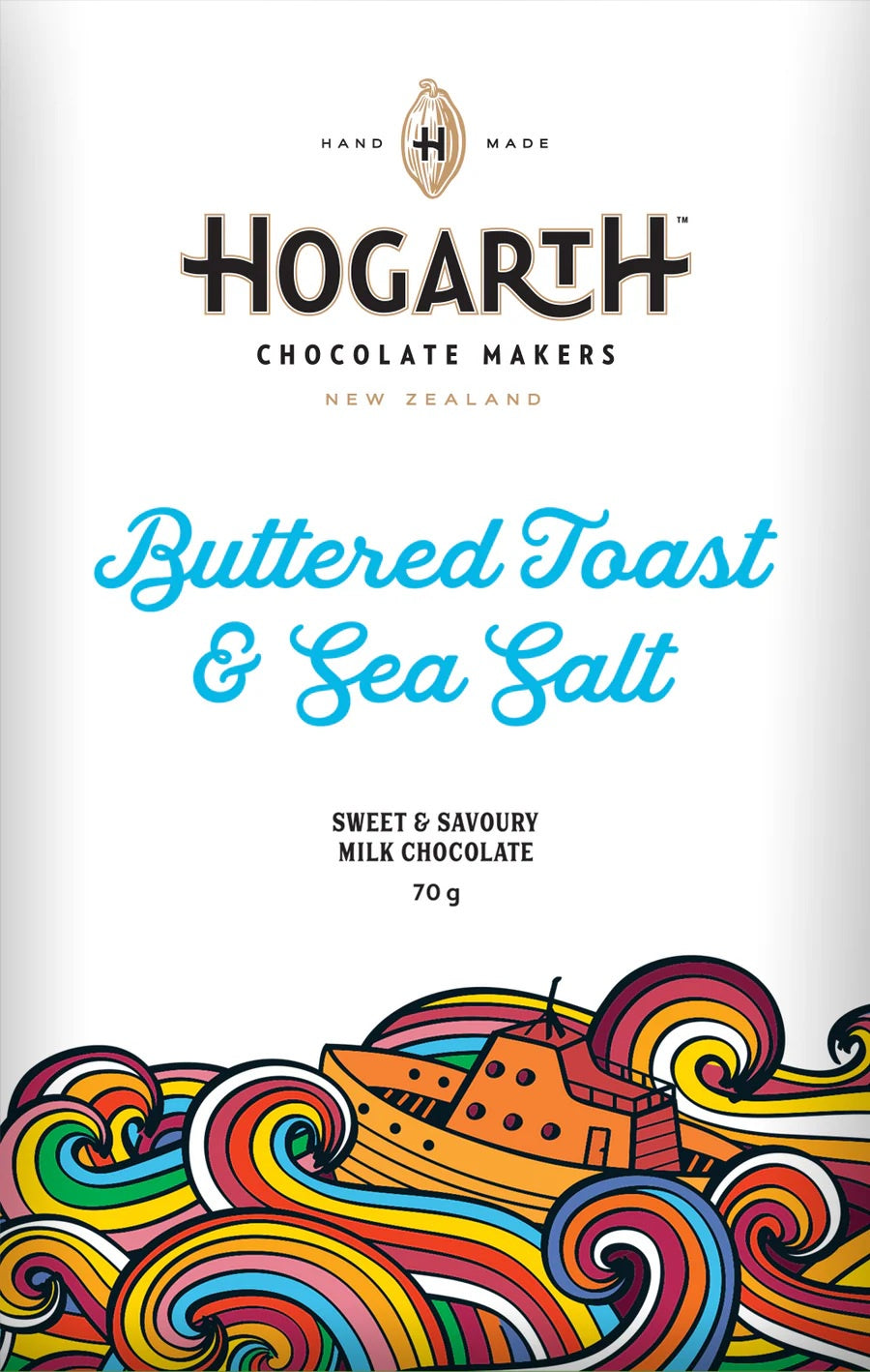 Hogarth Buttered Toast & Sea Salt milk chocolate, a 70g bar in white wrapper with wave artwork