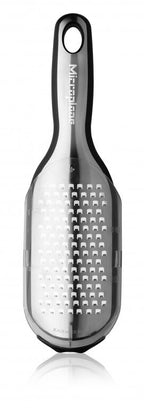 Microplane Elite coarse grater in black with a stainless steel grating surface and a hanging hole