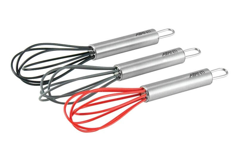 Avanti mini whisks, three with red, grey and black silicone-coated heads