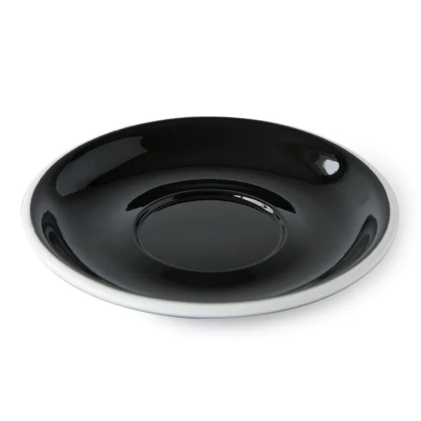 ACME latte saucer in black with a white rim