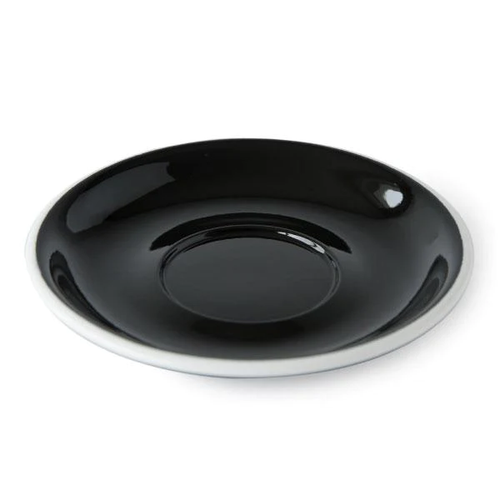 ACME latte saucer in black with a white rim
