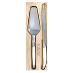 Andre Verdier Laguiole cake server set with a cake slice and a serrated knife with ivory handles, in a wooden box