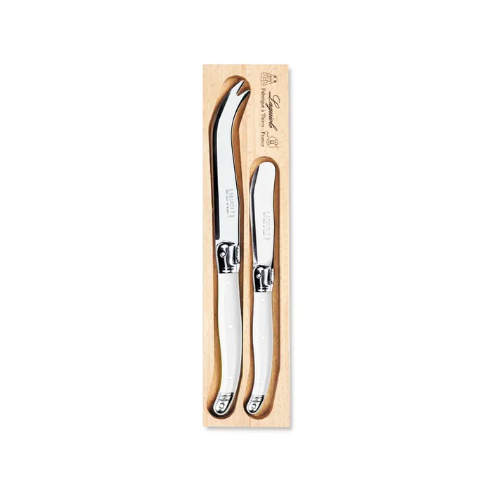 Andre Verdier Laguiole cheese knife and spreader set with ivory handles in a wooden tray