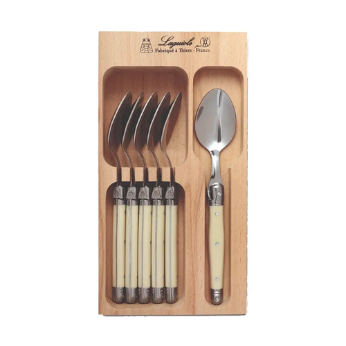Andre Verdier Laguiole teaspoon set, six with ivory handles, shown in a wooden tray