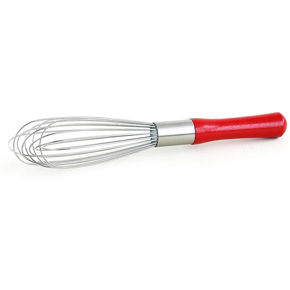 Best Standard 10 inch balloon whisk with stainless steel wires and a red wooden handle