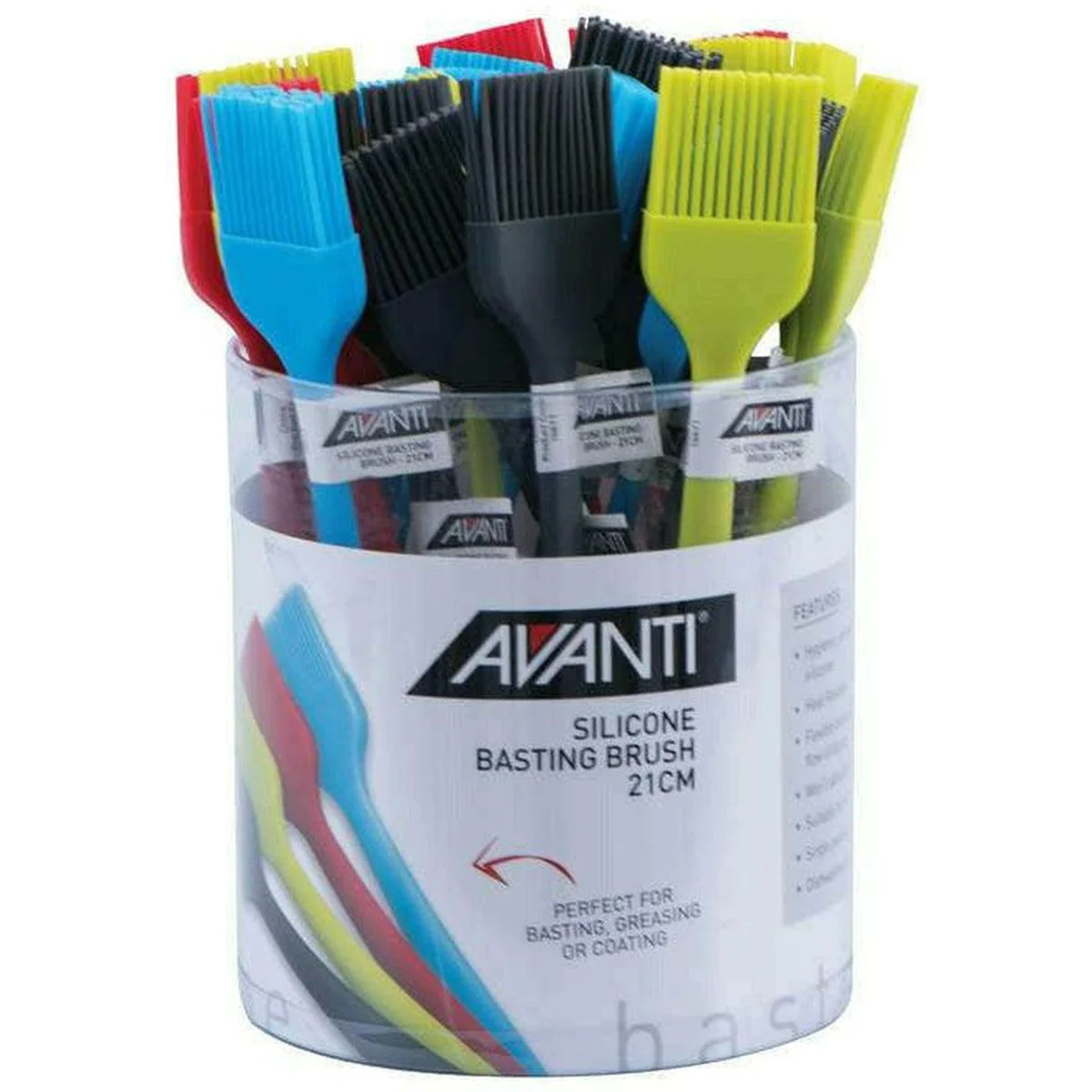 Avanti 21cm silicone basting brushes in assorted colours, shown in their retail display tub
