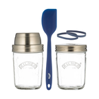 Kilner sourdough starter set with two glass jars, a shaker lid, a blue spatula and rubber bands