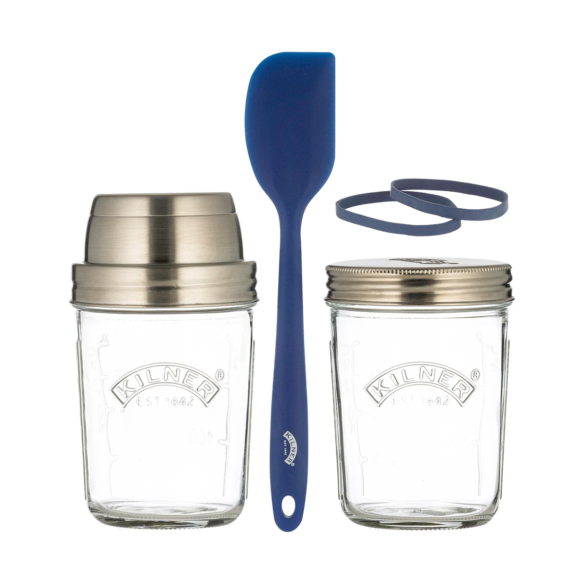Kilner sourdough starter set with two glass jars, a shaker lid, a blue spatula and rubber bands