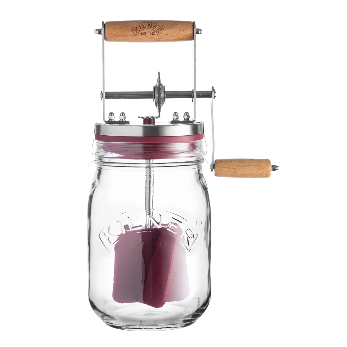 Kilner butter churner, a glass jar with a hand-crank paddle mechanism and a wooden handle