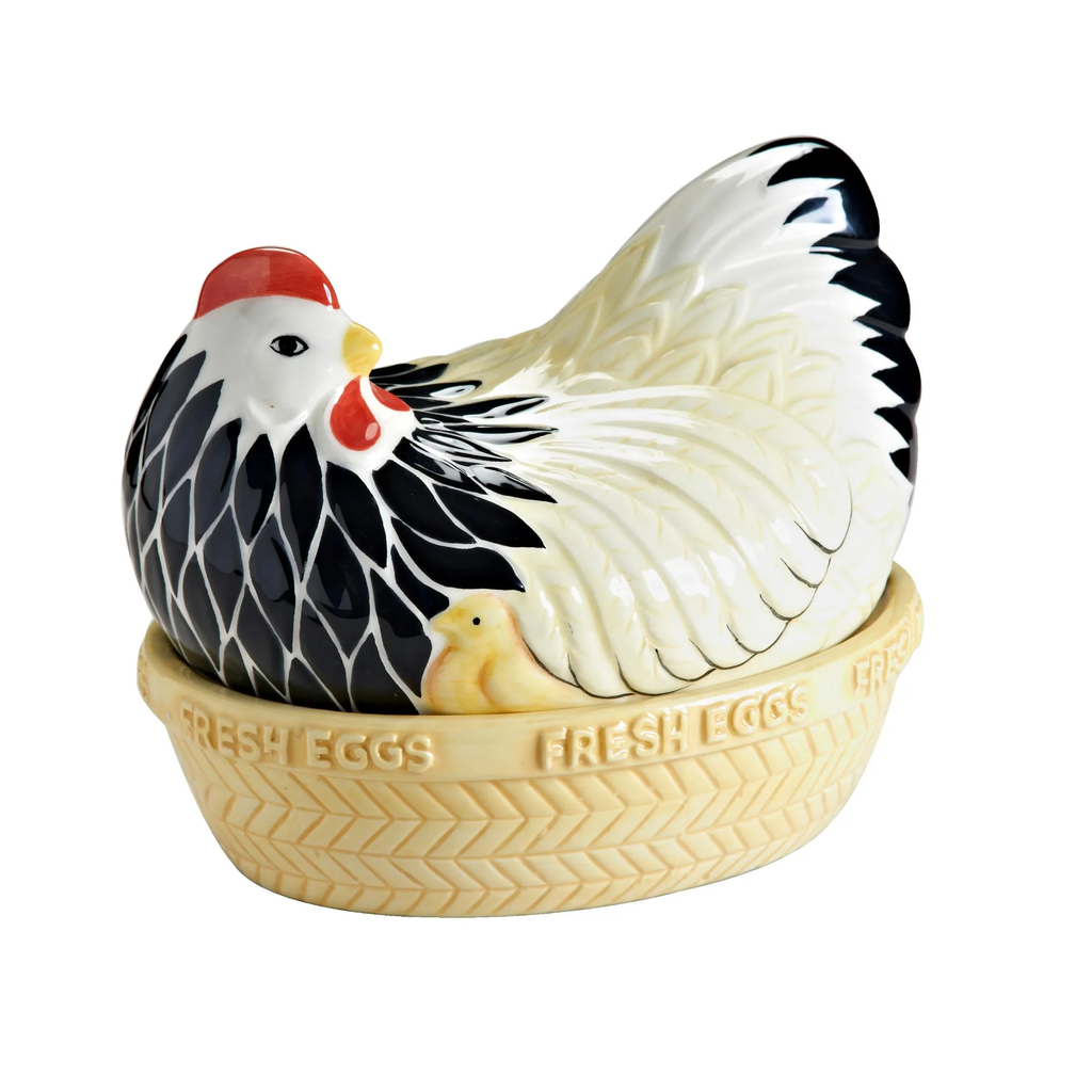 Mason Cash Mother Hen nest dish, a ceramic hen on a woven-look nest base