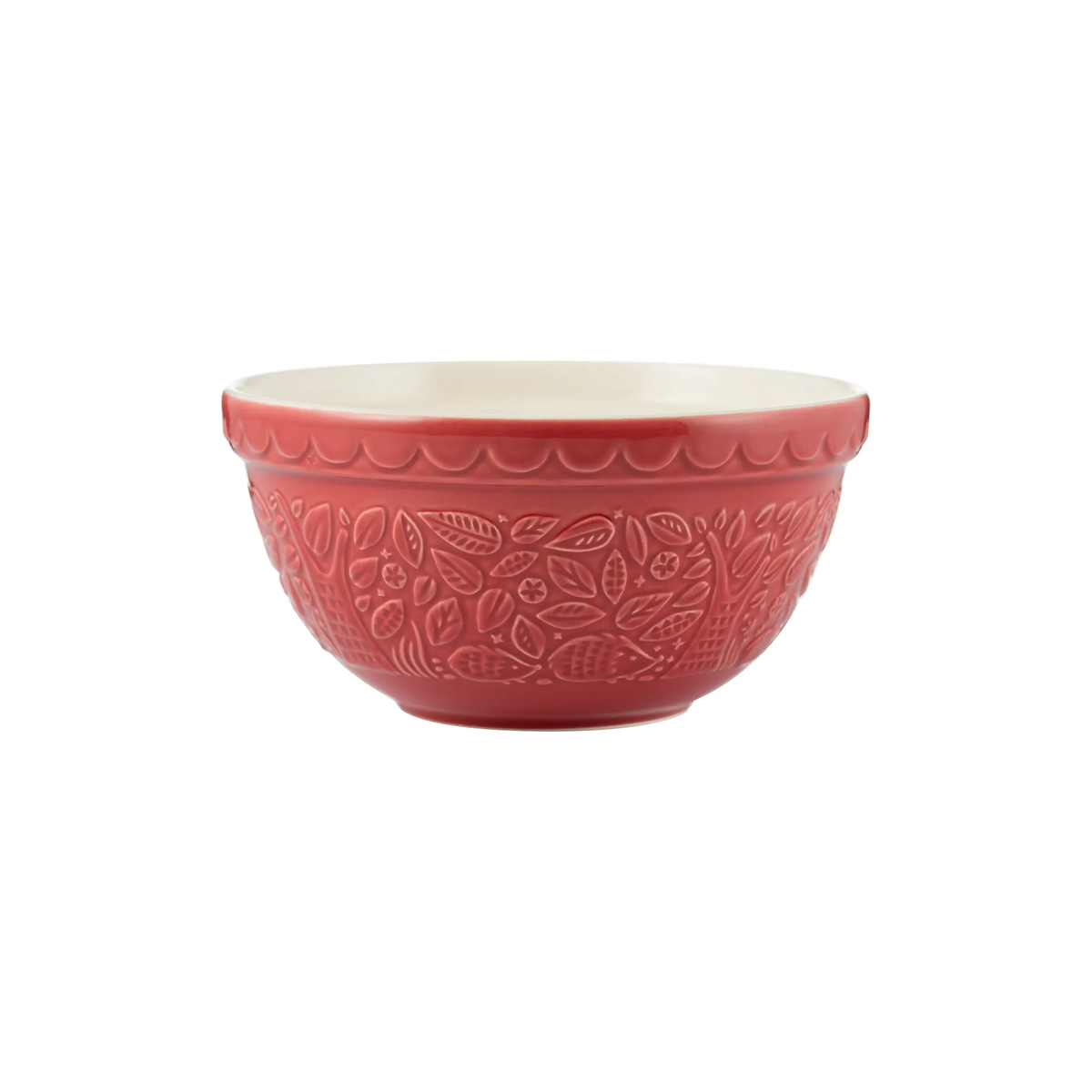 Mason Cash In The Forest mixing bowl in red with an embossed hedgehog design and a cream interior