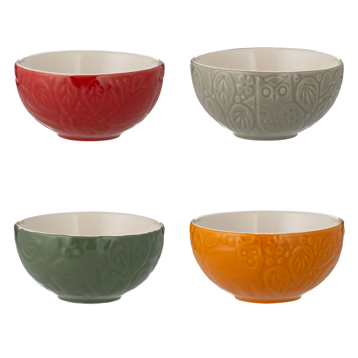 Mason Cash In The Forest prep bowls, a set of four in red, grey, green and orange with embossed woodland detail