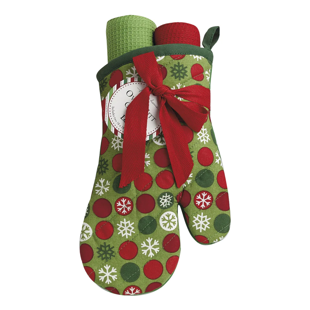 Design Imports Snowflake Dots oven mitt gift set in green and red, tied with ribbon