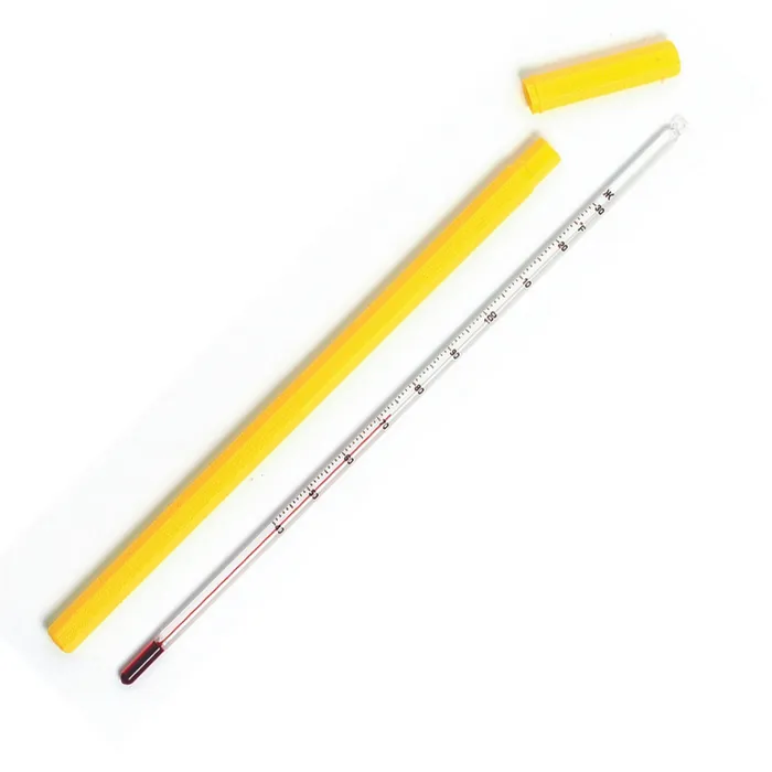 CDN chocolate tempering thermometer, a long glass thermometer with a yellow protective sleeve
