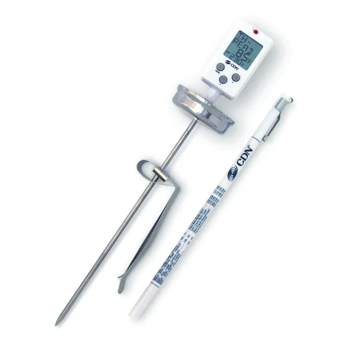 CDN digital candy thermometer with a probe, a pot clip and a digital display