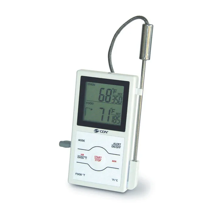 CDN dual sensing probe thermometer and timer with a digital display and a wired steel probe