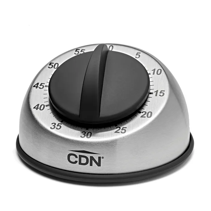 CDN heavy duty mechanical timer with a black dial and a stainless steel base