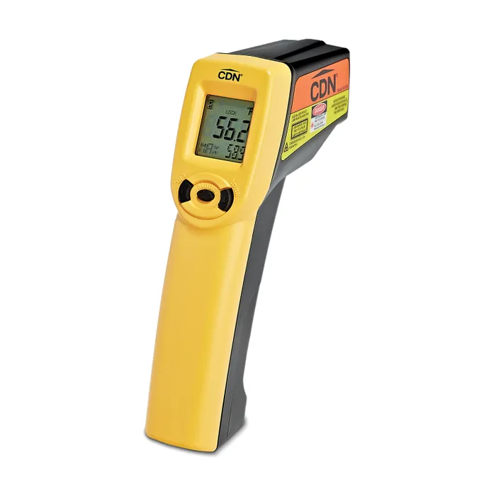 CDN infrared gun thermometer in yellow and black with a digital display