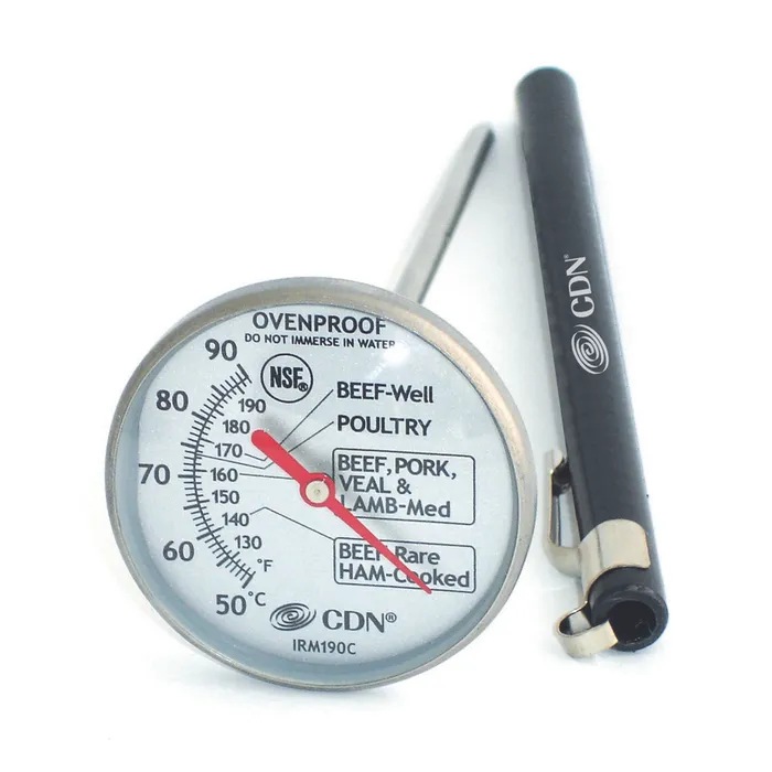 CDN Proaccurate meat and poultry thermometer with a round dial face and a black sheath