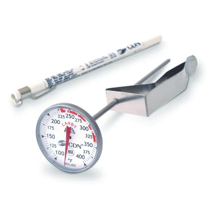 CDN ProAccurate candy and deep fry thermometer with a round dial, a pot clip and a plastic sleeve