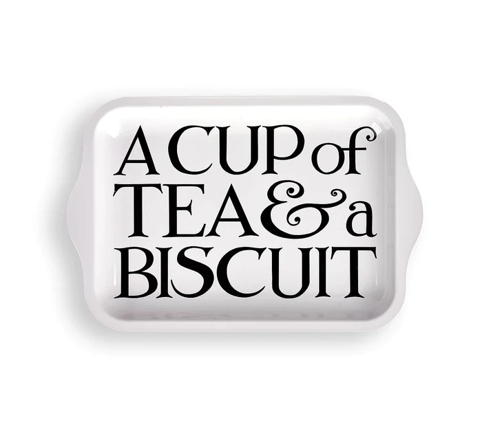 Emma Bridgewater canape tray with A Cup of Tea & a Biscuit lettering in black on white