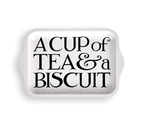 Emma Bridgewater canape tray with A Cup of Tea & a Biscuit lettering in black on white