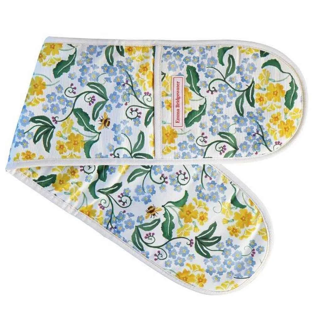 Emma Bridgewater Spring double oven glove with blue forget-me-nots, yellow primroses and a bee