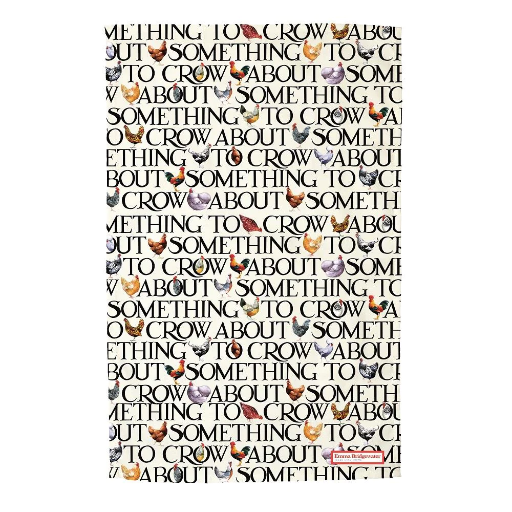 Emma Bridgewater Hen & Toast tea towel with the words Something to Crow About and pictures of hens
