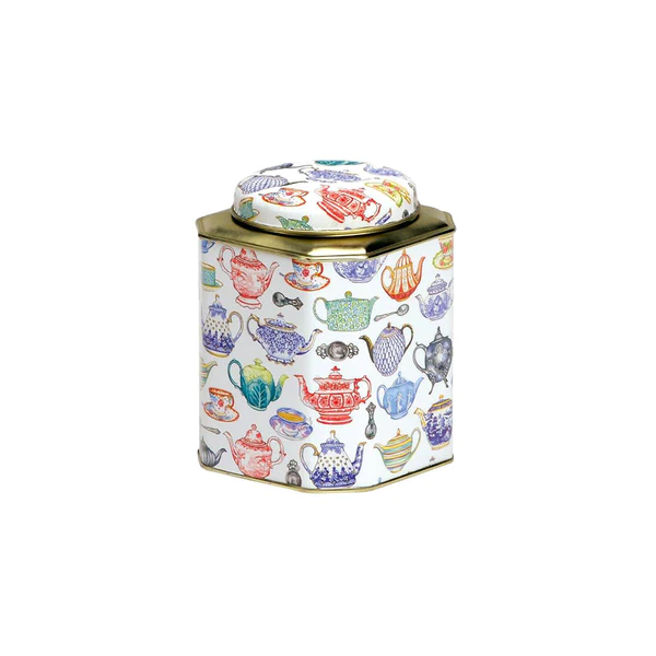 Elite dome lid tea caddy tin in a hexagonal shape, printed with colourful teacups and teapots