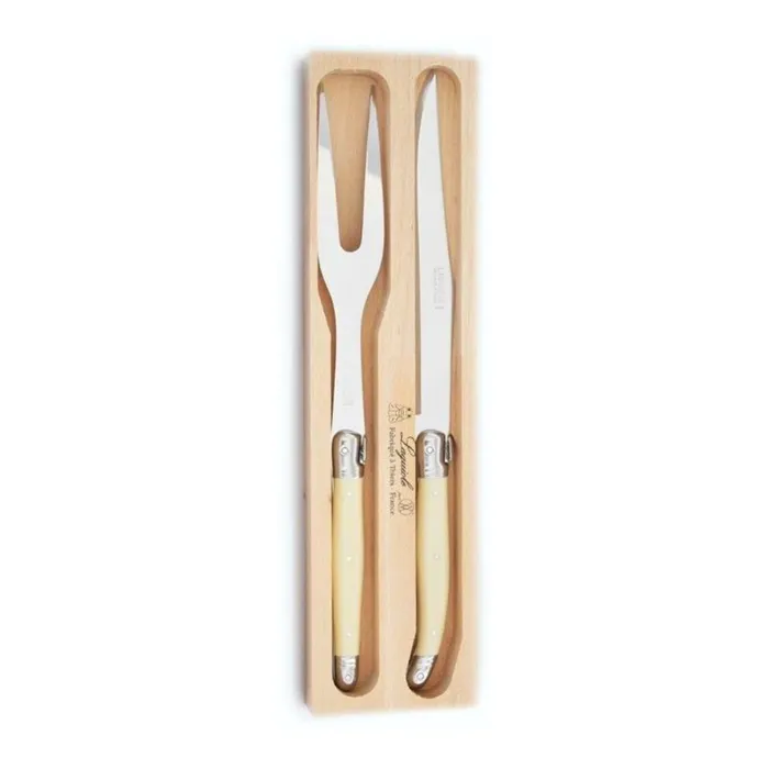 Andre Verdier Laguiole carving set, a fork and knife with cream handles in a wooden box