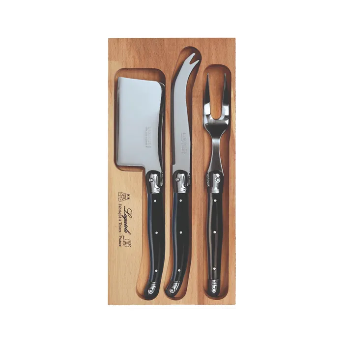 Andre Verdier Laguiole cheese set with a cleaver, knife and fork with black handles in a wooden tray