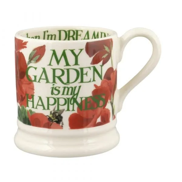 Emma Bridgewater half pint mug with a My Garden Is My Happiness design of red poppies and a bee
