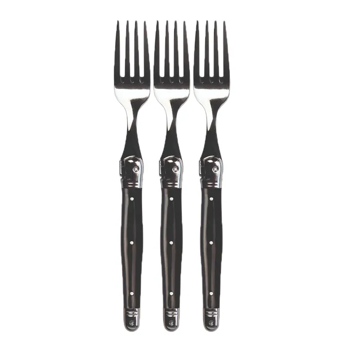 Andre Verdier Laguiole individual forks with black handles, three forks shown together