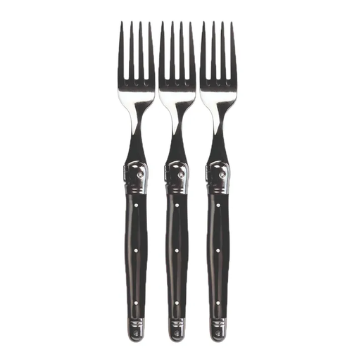 Andre Verdier Laguiole individual forks with black handles, three forks shown together