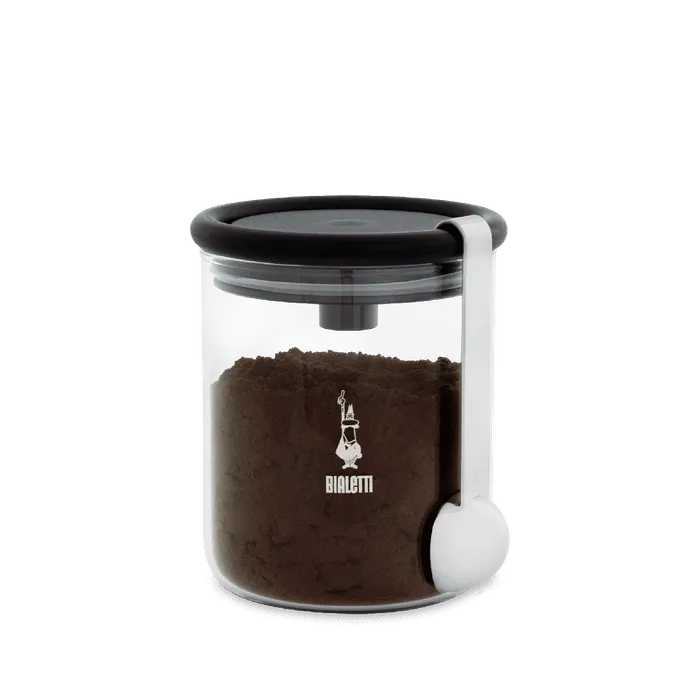 Bialetti glass coffee jar with a black lid and a scoop