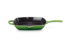 Le Creuset Signature square grill pan in green enamelled cast iron with a ridged black cooking surface