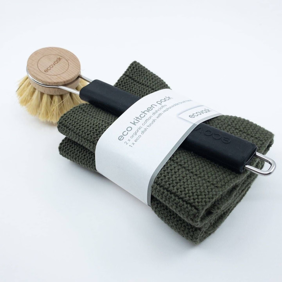Ecovask Eco Kitchen Starter Pack with a wooden dish brush and olive green knitted cloths in a paper band