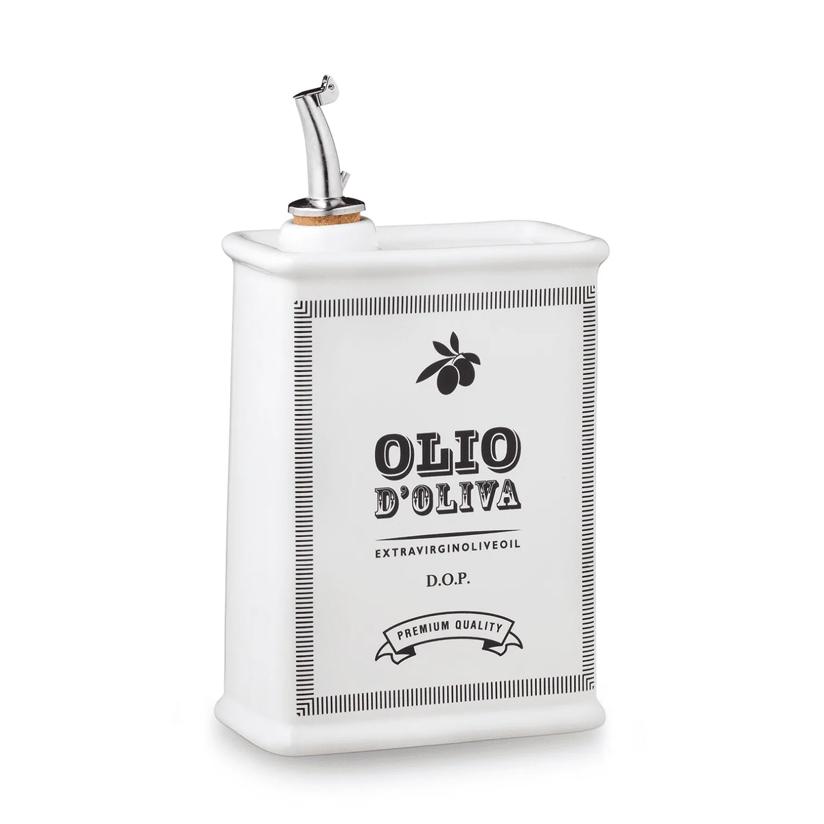Nuova Cer vintage ceramic olive oil cruet in white with an Olio d'Oliva label and a steel pourer