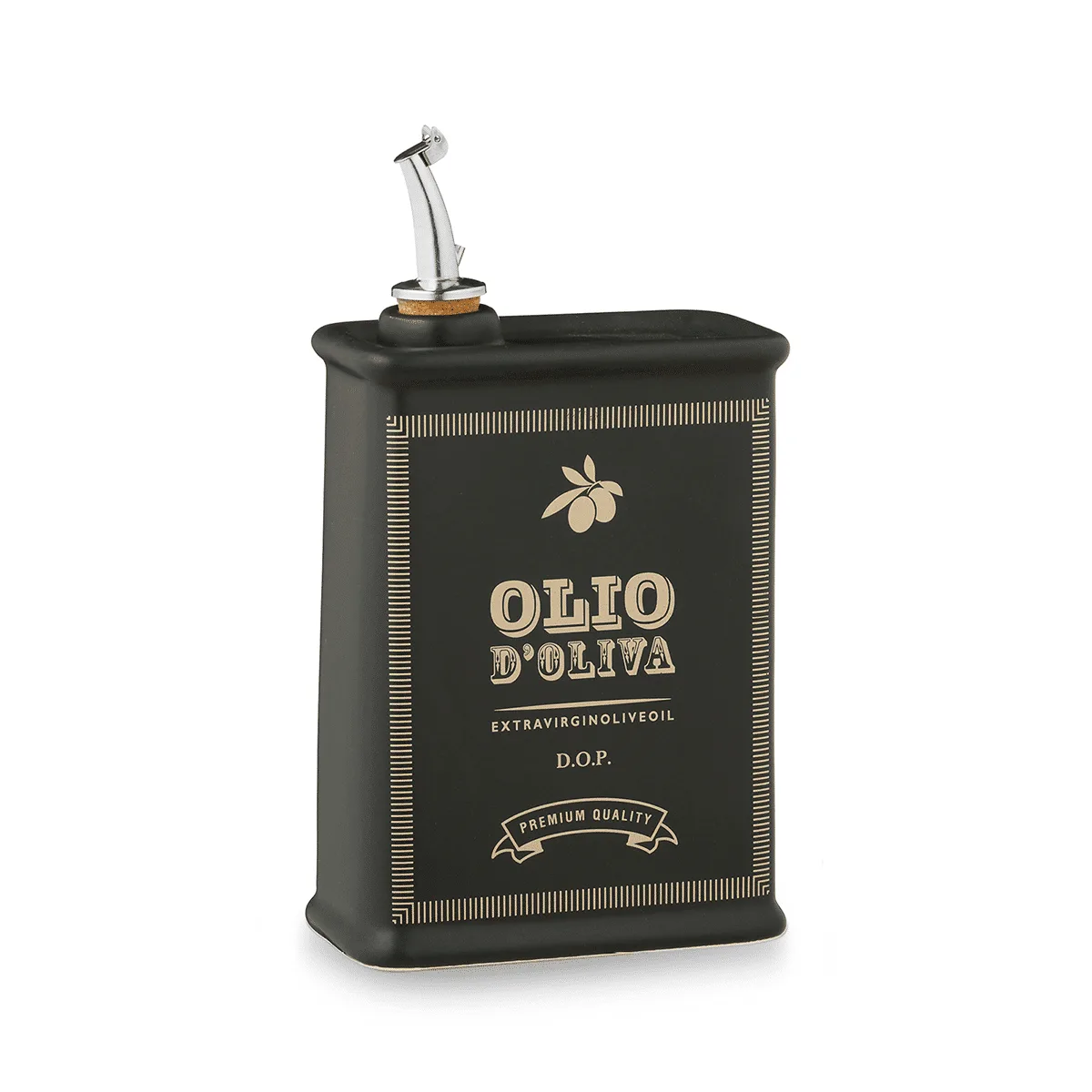 Nuova CER vintage ceramic olive oil cruet in black with gold Olio d'Oliva lettering and a steel pourer