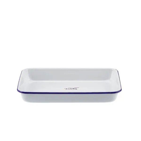Falcon Enamelware square brownie pan, 24cm, in white with a navy rim