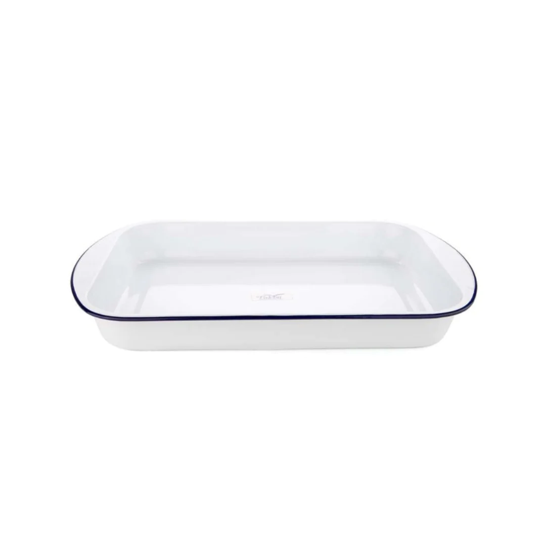 Falcon Enamelware XL lasagna dish in white with a navy rim