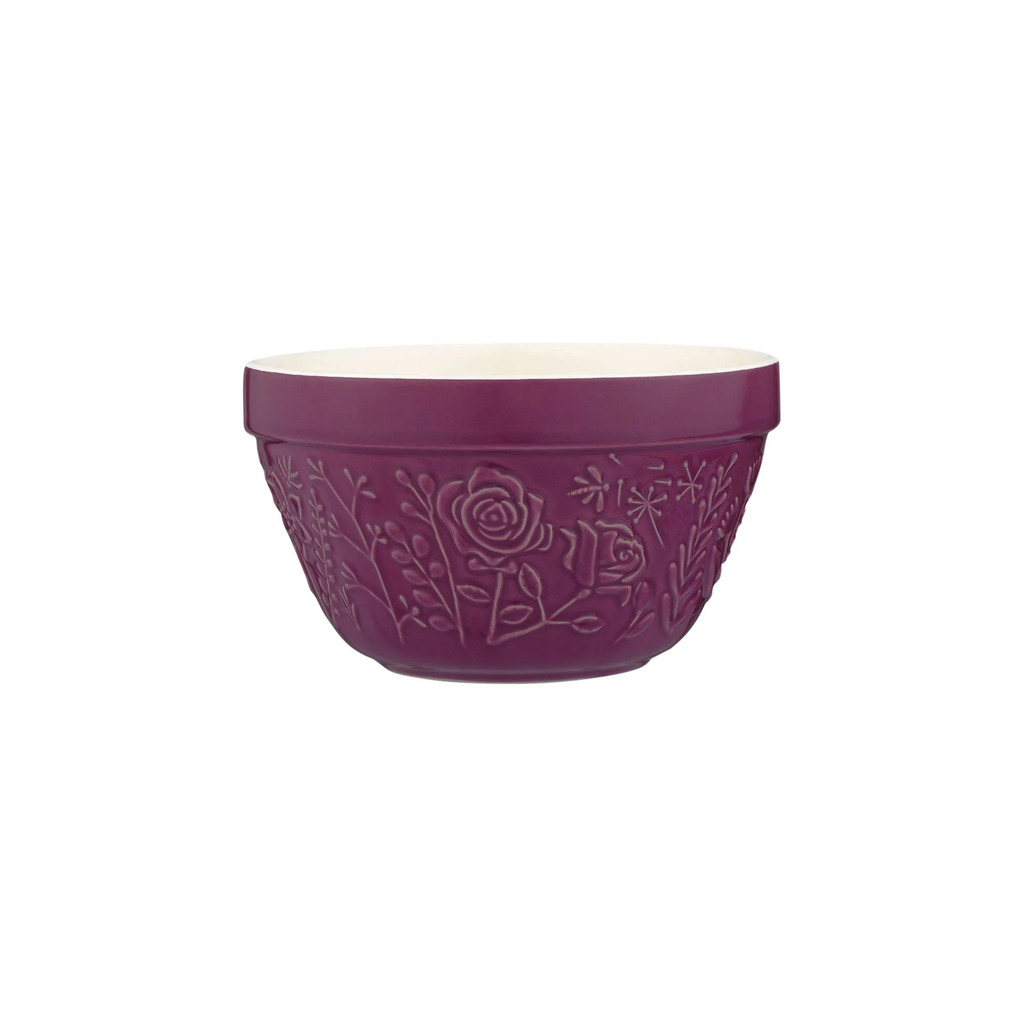 Mason Cash pudding basin in plum purple with an embossed rose and wildflower design