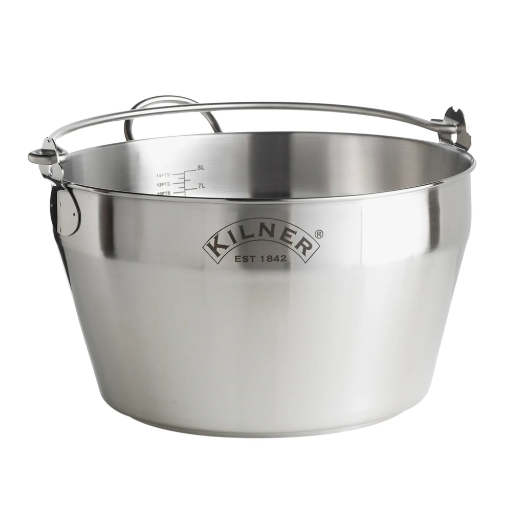 Kilner 8 litre stainless steel jam pan with a hooped carry handle and internal measure marks