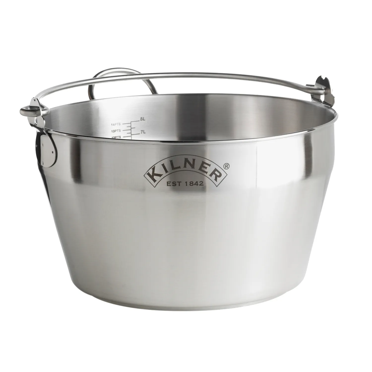 Kilner 8 litre stainless steel jam pan with a hooped carry handle and internal measure marks