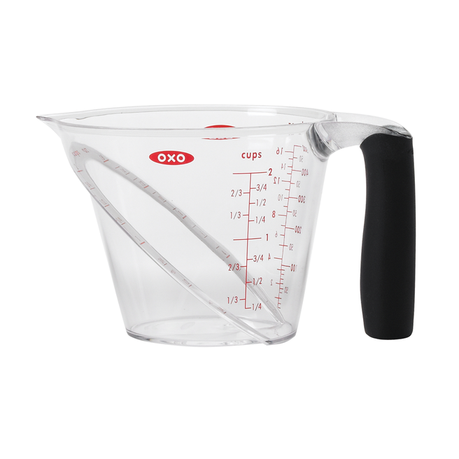 OXO Good Grips angled measuring jug with a clear body, red markings and a black handle
