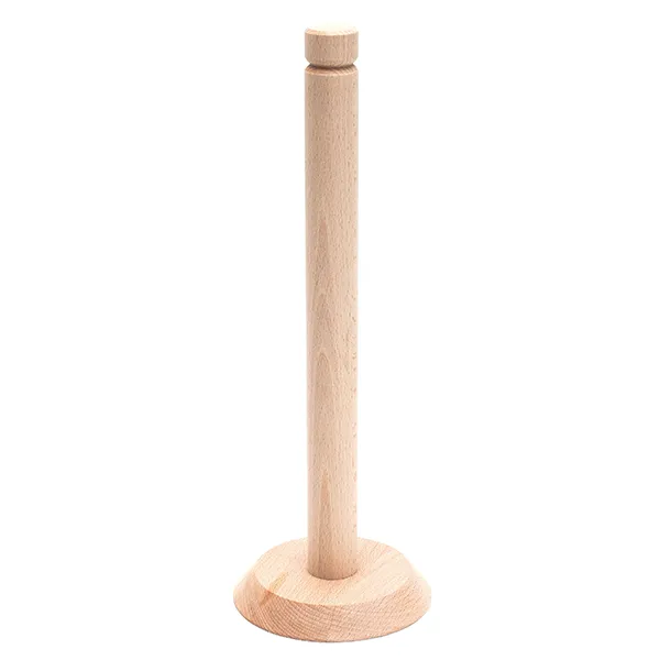 Dishy paper towel holder in natural beechwood with a round base and a tall upright pole